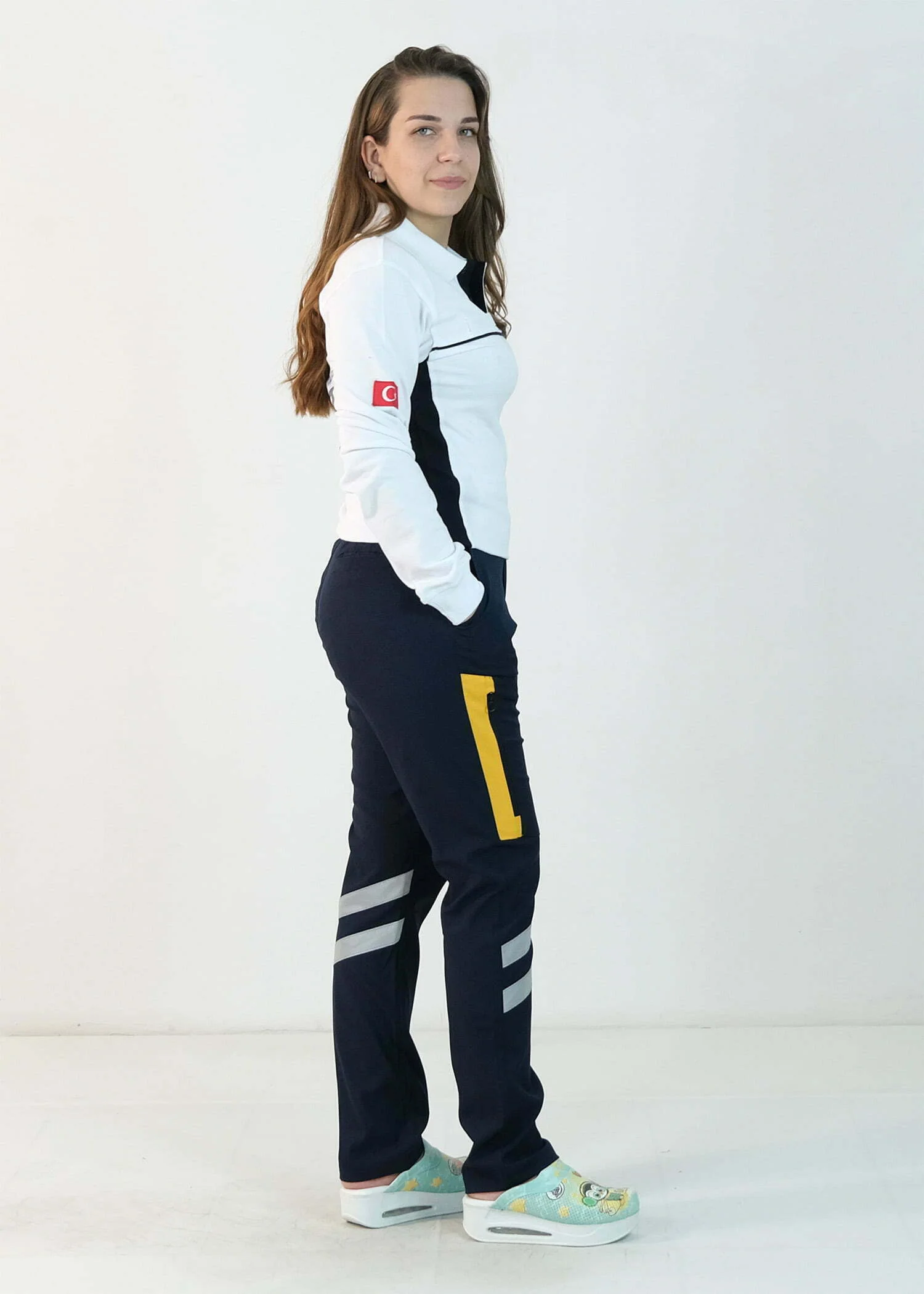 112 Polo Yaka Çift Renk Uzun Kol Tişört (Beyaz - Lacivert)