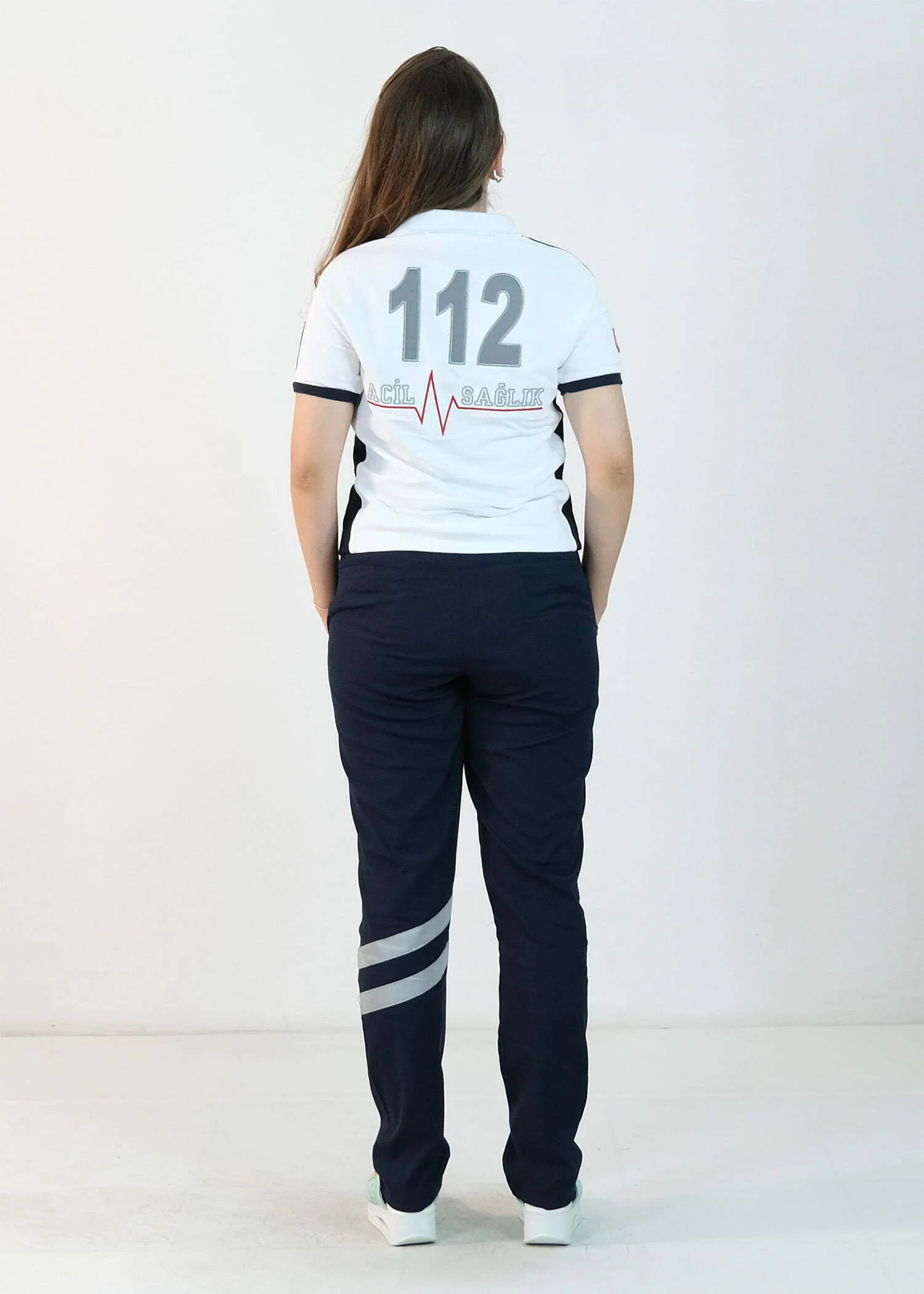 112 Polo Yaka Çift Renk Tişört (Beyaz - Lacivert)