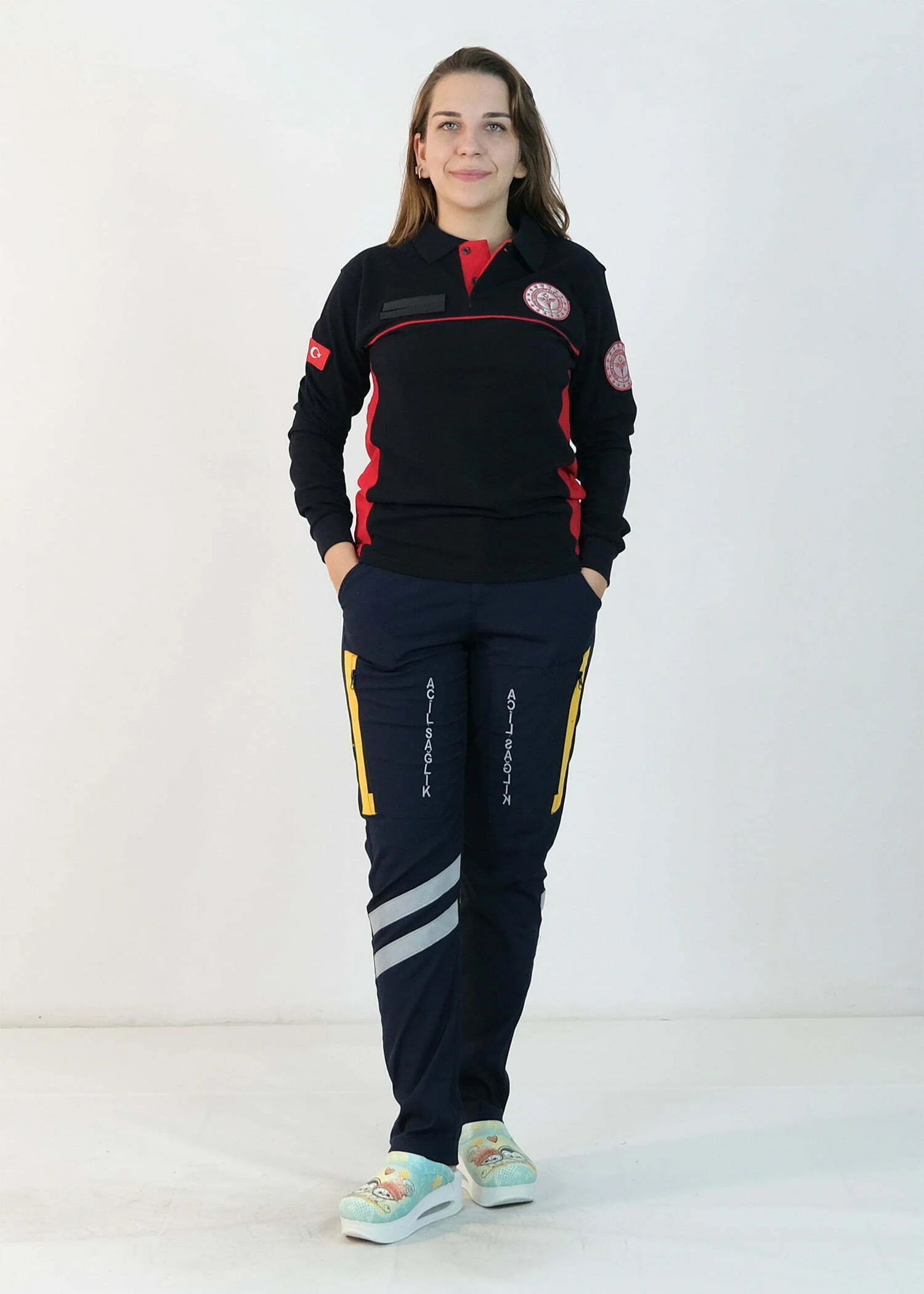 112 Polo Yaka Çift Renk Uzun Kol Tişört (Lacivert - Kırmızı)