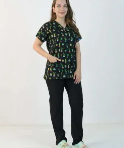 Desenli Likralı Scrubs Tek Üst (Desen-7)