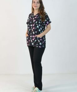 Desenli Likralı Scrubs Tek Üst (Desen-5)
