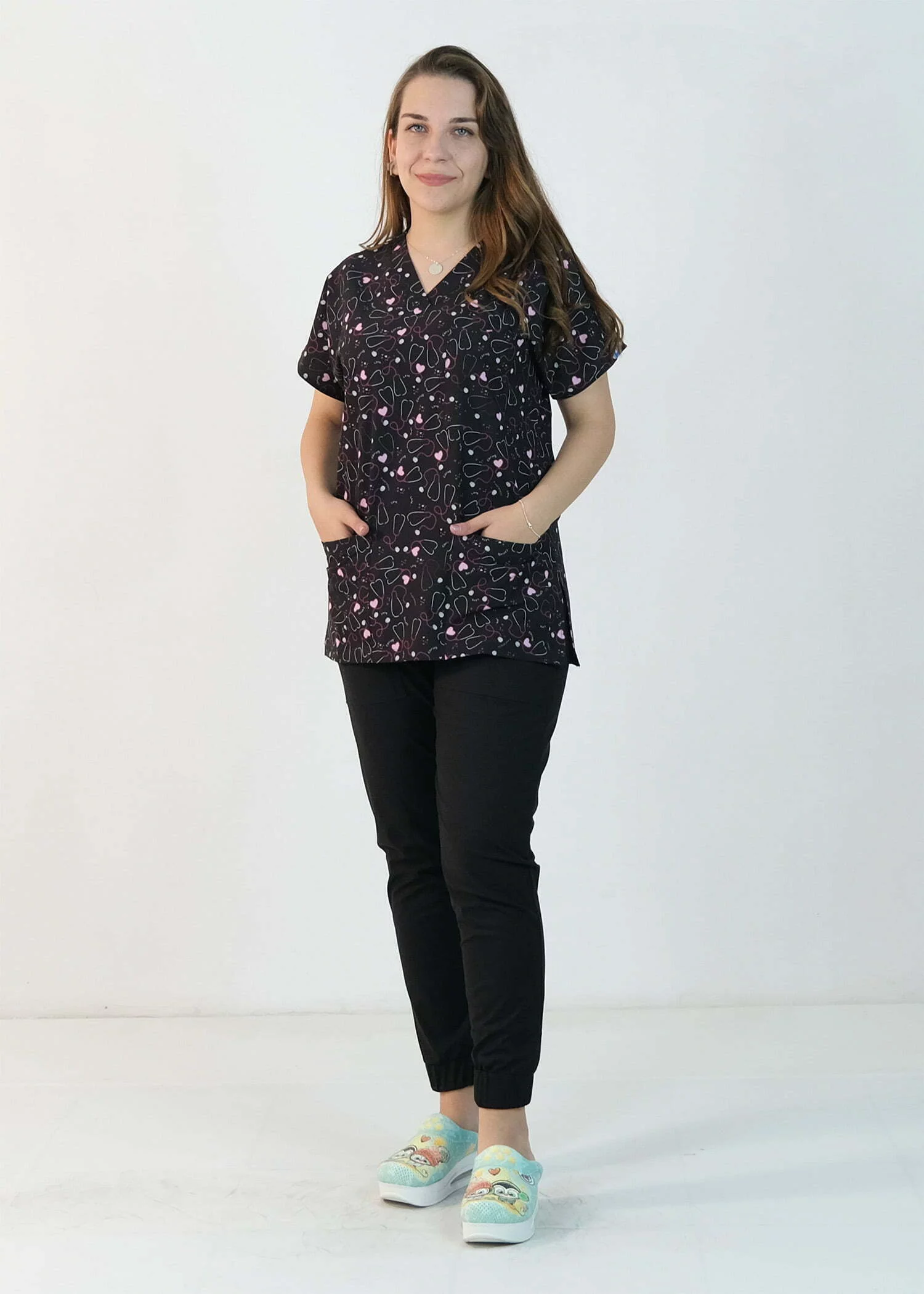 Desenli Likralı Scrubs Tek Üst (Desen-1)